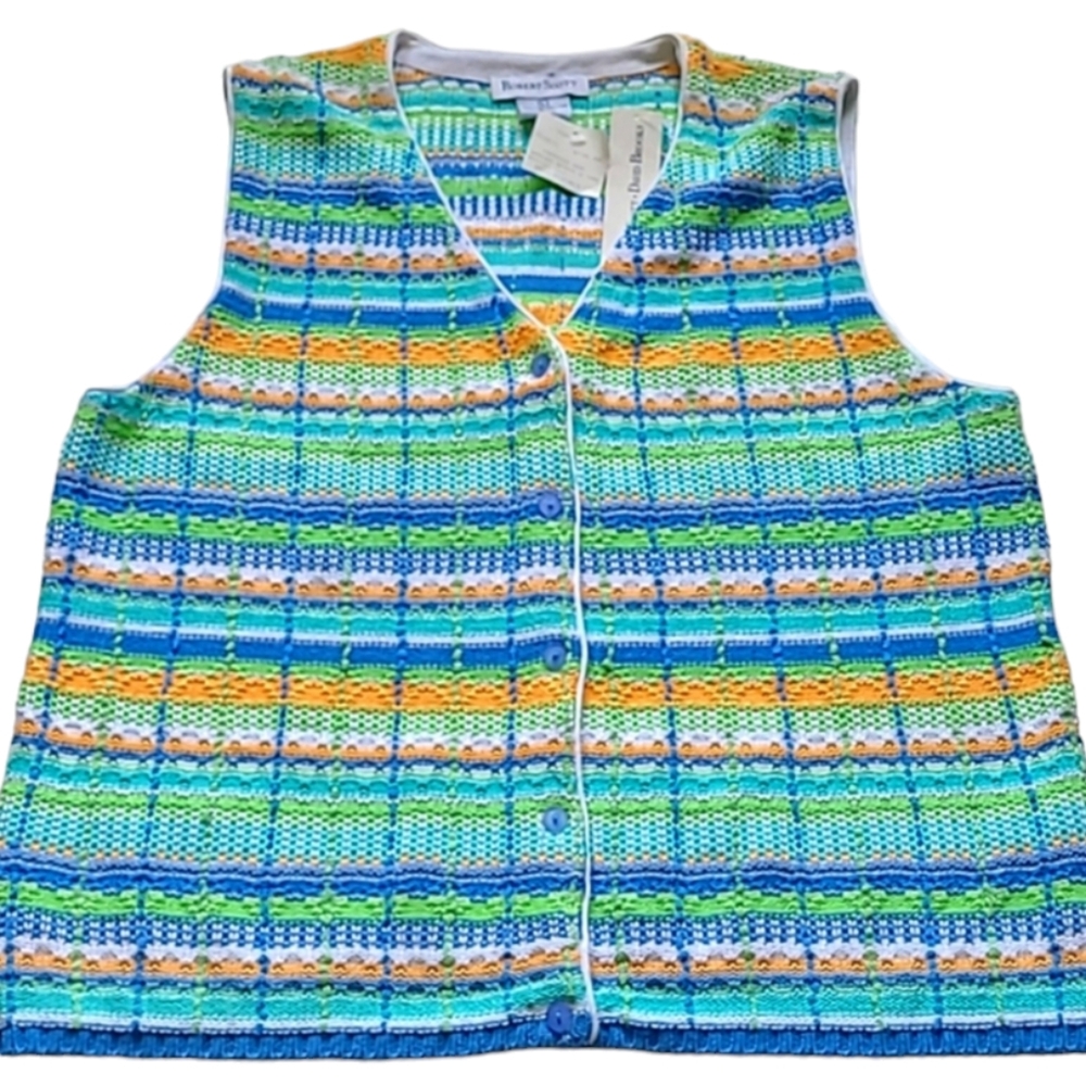 💥$35 100% Cotton Vintage Sweater Vest Knit Striped Vest Green Yellow NWT